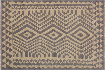 Flat Weave Kilim, Antique, Navaho, Vintage, Handmade, Geometric Kilim Gray Tan Hand-Woven Rectangle 100% Wool Area Rug 6 x 8